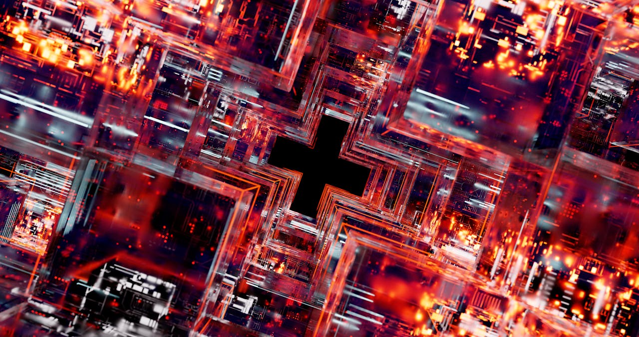 journey Abstract image depicting high-tech digital circuits and glowing LED lights.