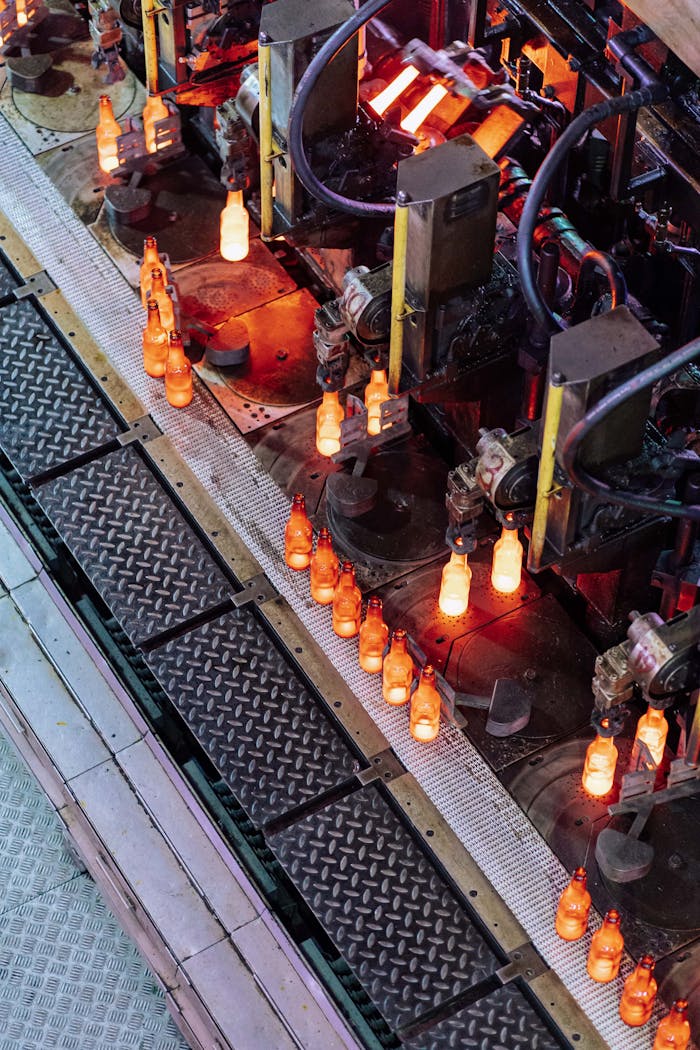 services-03 High-angle view of glass bottle production line in a factory with glowing bottles.